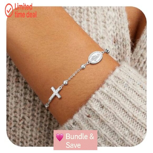 Sterling Silver Cross Charm Bracelet Adjustable Dainty Christian Gift - Picture 7 of 8